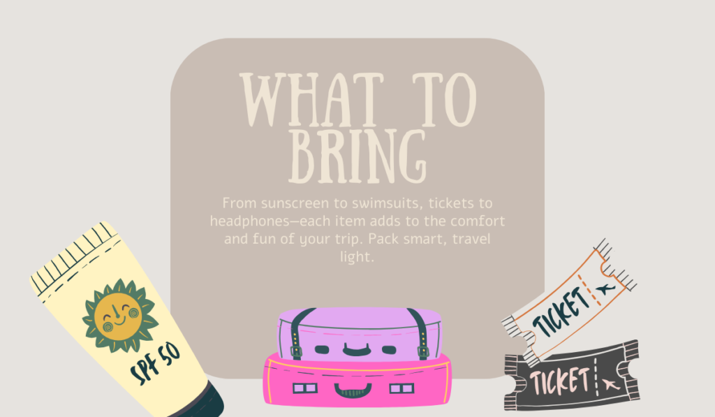 Beach travel packing list illustration with suitcase, sunscreen, and tickets