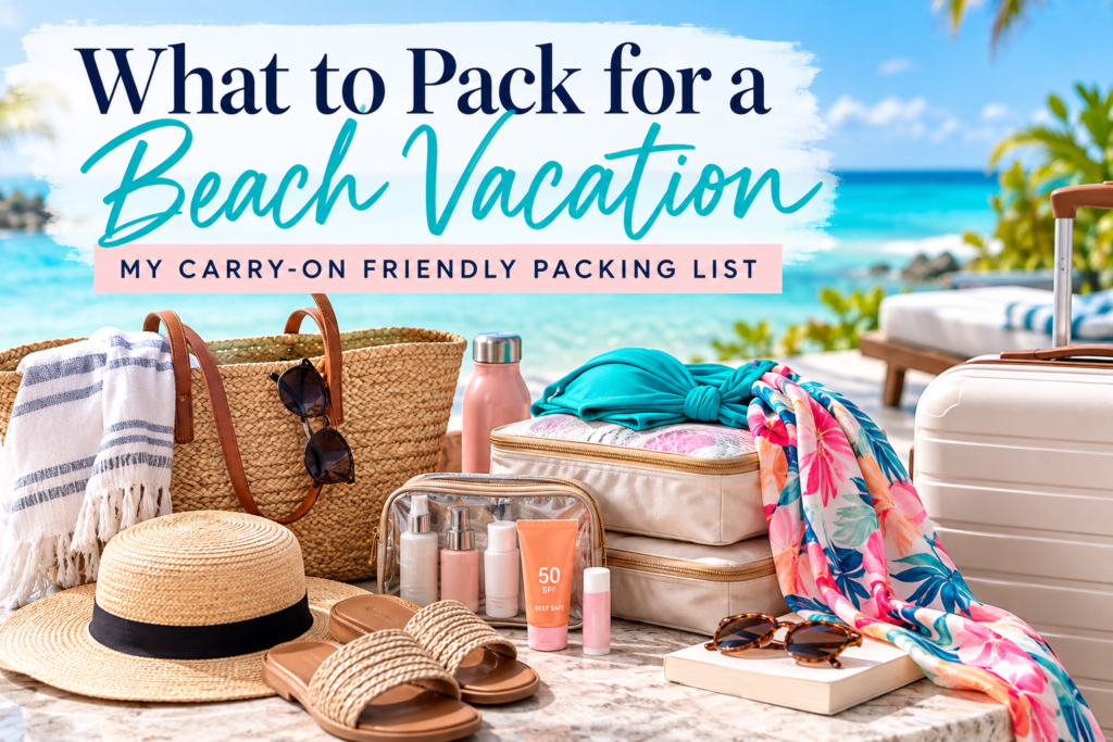 Beach vacation packing list with swimsuits, sundresses, sandals and travel essentials