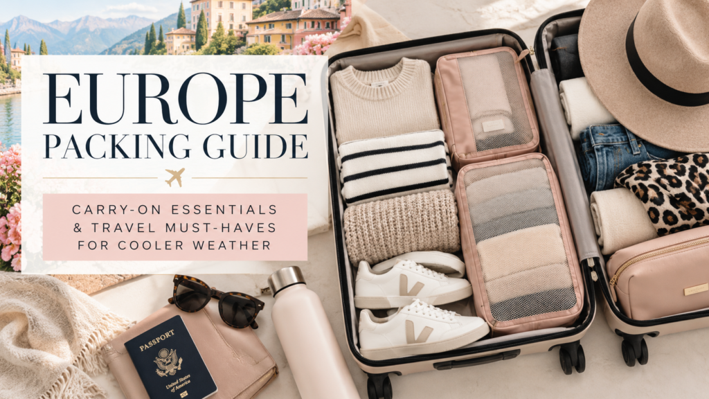 Europe packing list featuring carry-on luggage, neutral clothing, packing cubes, sneakers and travel essentials.